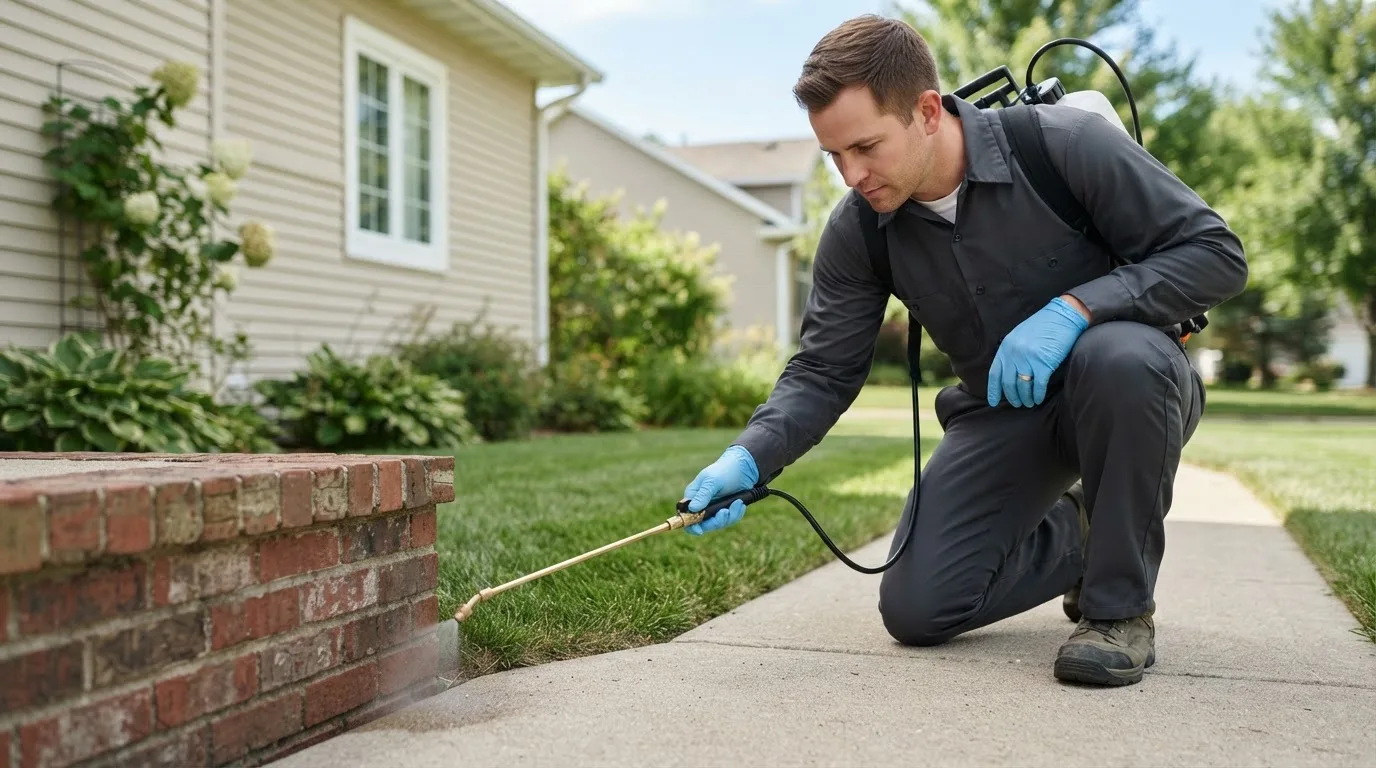 Pest control technician treating a home near Olmsted, IL