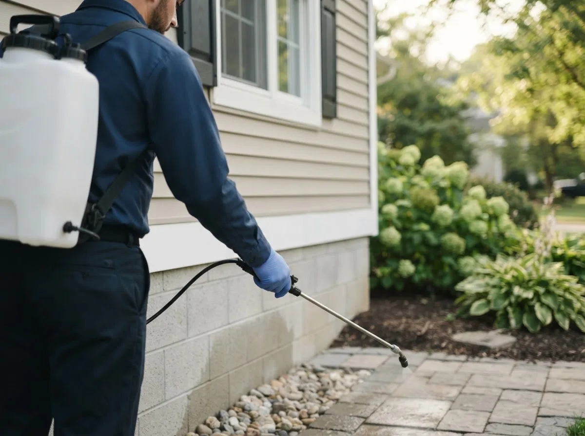 Pest control technician inspecting a home in Olmsted, IL